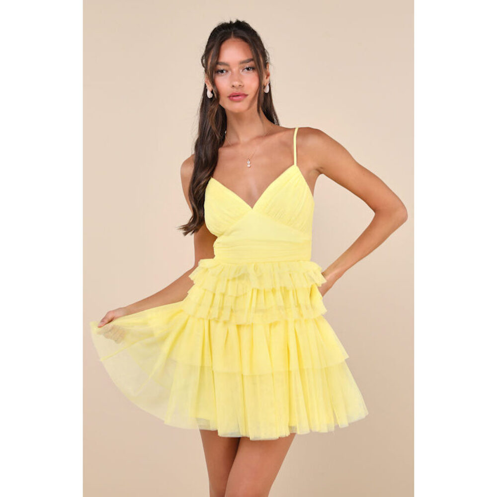 Lulus Special Poise Yellow Tulle Pleated Sleeveless Tiered Mini Dress - Size M